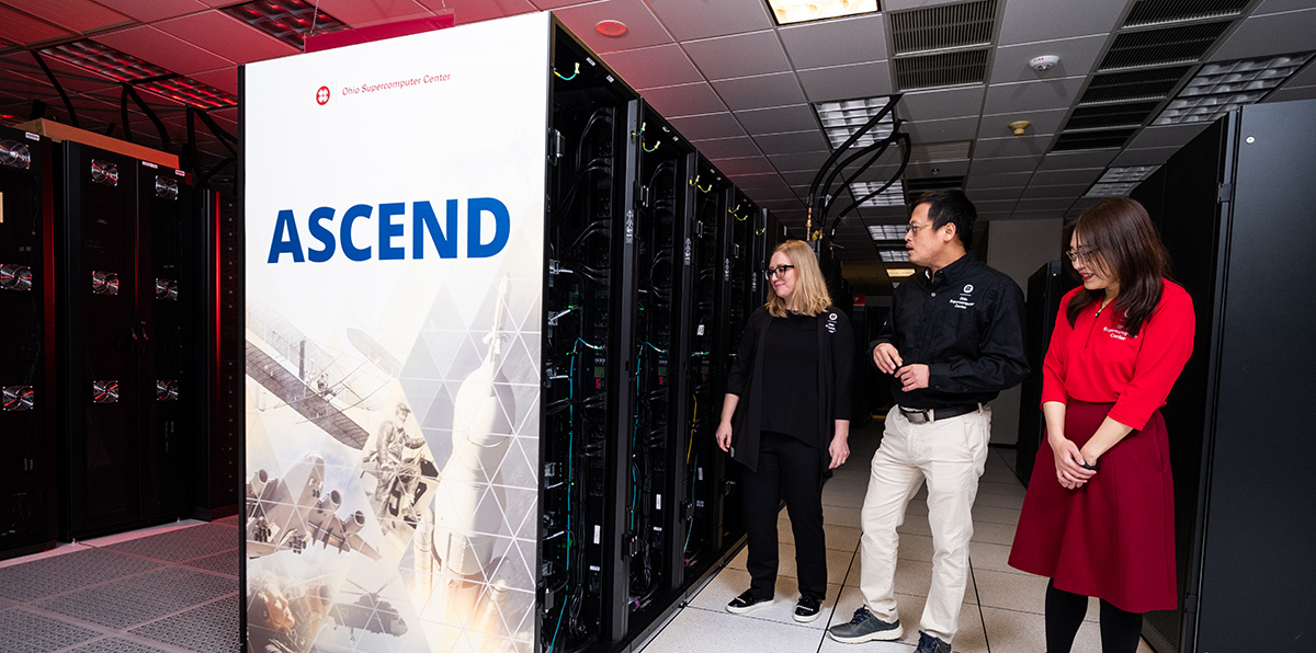 OSC staff Heidi Hablin (left most), ZQ You (middle) and Summer Wange (right) examing the new Ascend cluster