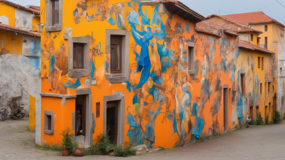 Art generated by Wren Denny depicting a town with murals on building walls