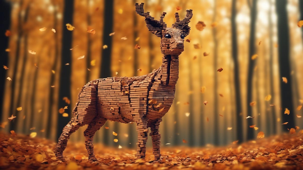 Art generated by Minjoon Lee depicting a deer made out of bricks in a forest