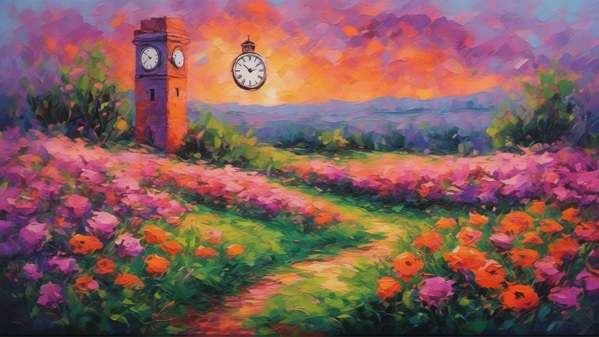 Art generated by Sarah Shockey depicting a clock tower against a sunset