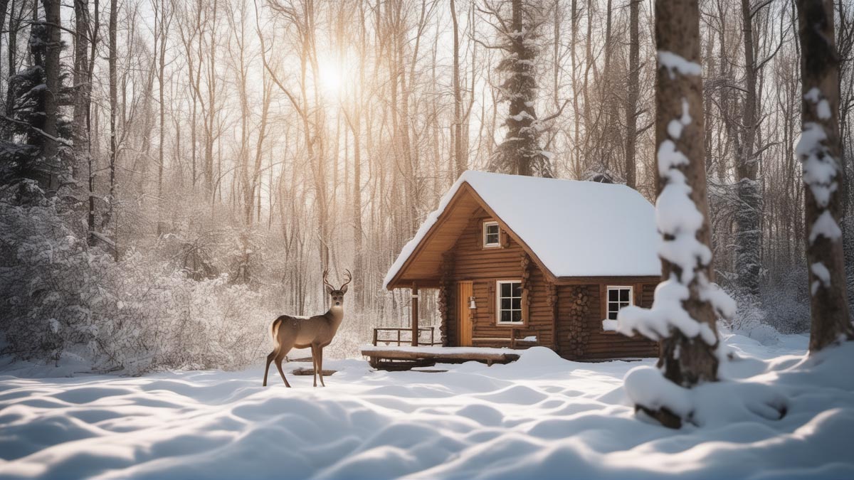 Art generated by Fynn Wiseman depicting a cabin in the woods and a deer