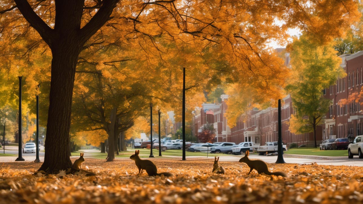 Art generated by Esther Yali-Williams depicting a park area with squirrels and trees