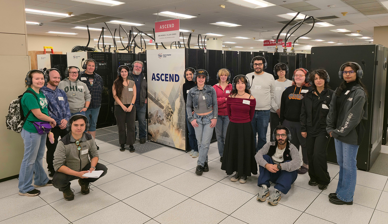 Ohio University students pose in front of the Ascend cluster.