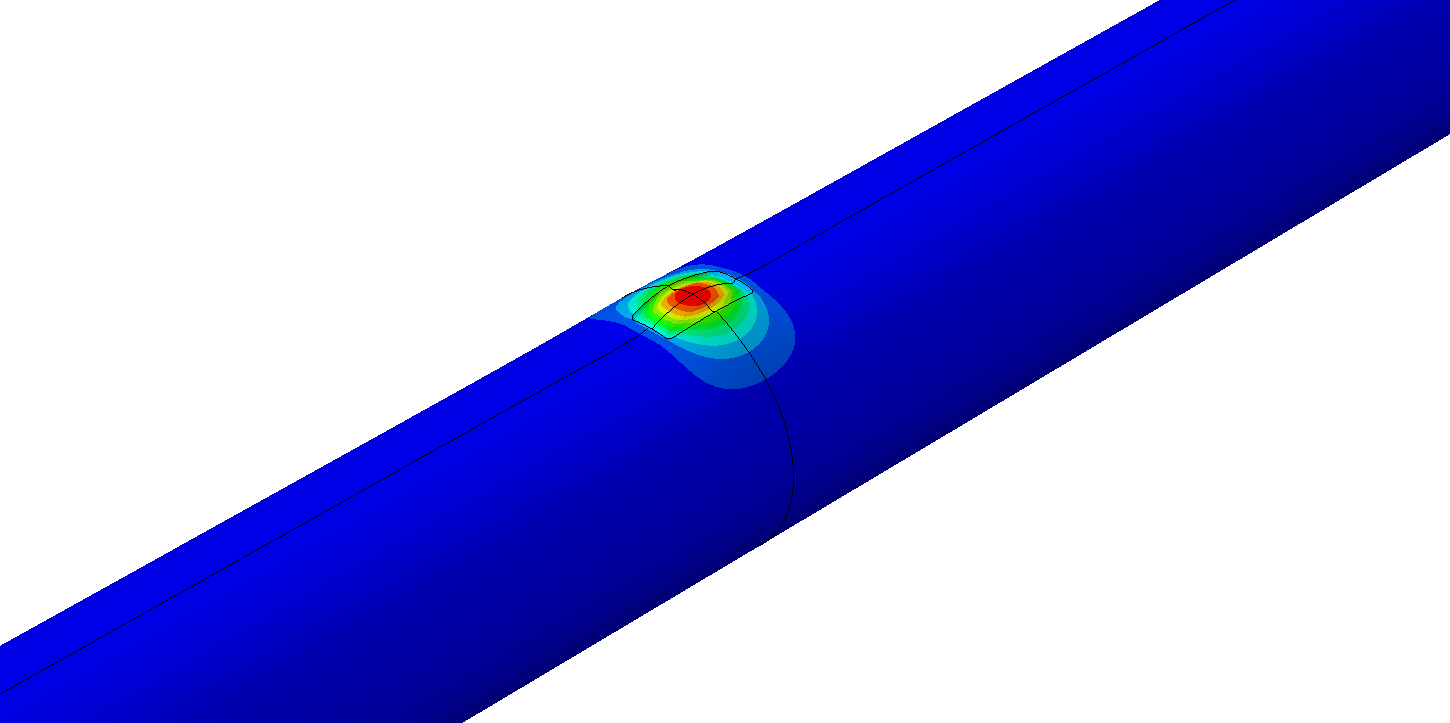 Oblique angle on a visualization of a possible burst point in a pipeline