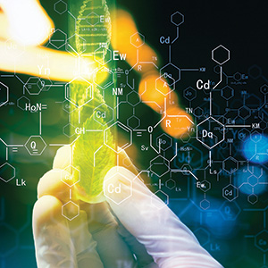 Illustration of chemical structures overlaid on a test tube containing small leaves, held by a rubber-gloved hand