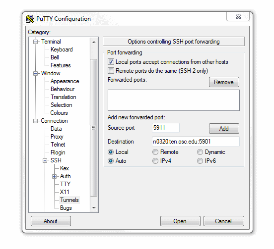 PuTTY Tunnel Configuration Settings